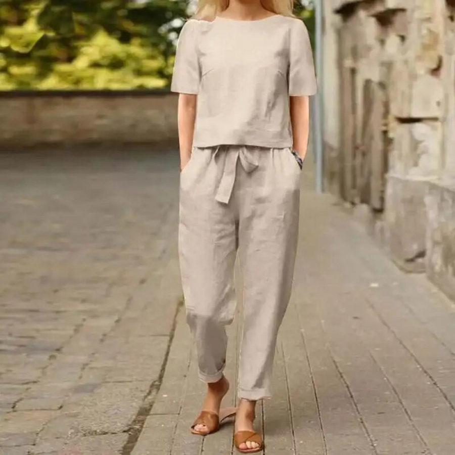 Ensemble élégant en coton effet lin Livia, vue de dos – Valloro Paris