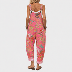 Salopette à motif tropical fleuri Émilienne, détail du tissu – Valloro Paris