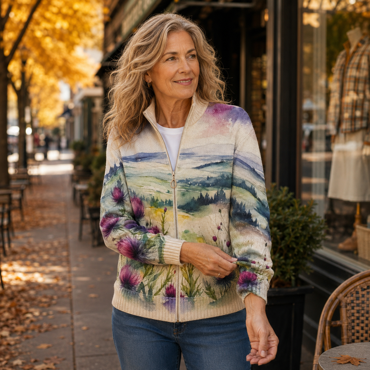 Zelda™ | Cardigan zippé paysage aux chardons écossais