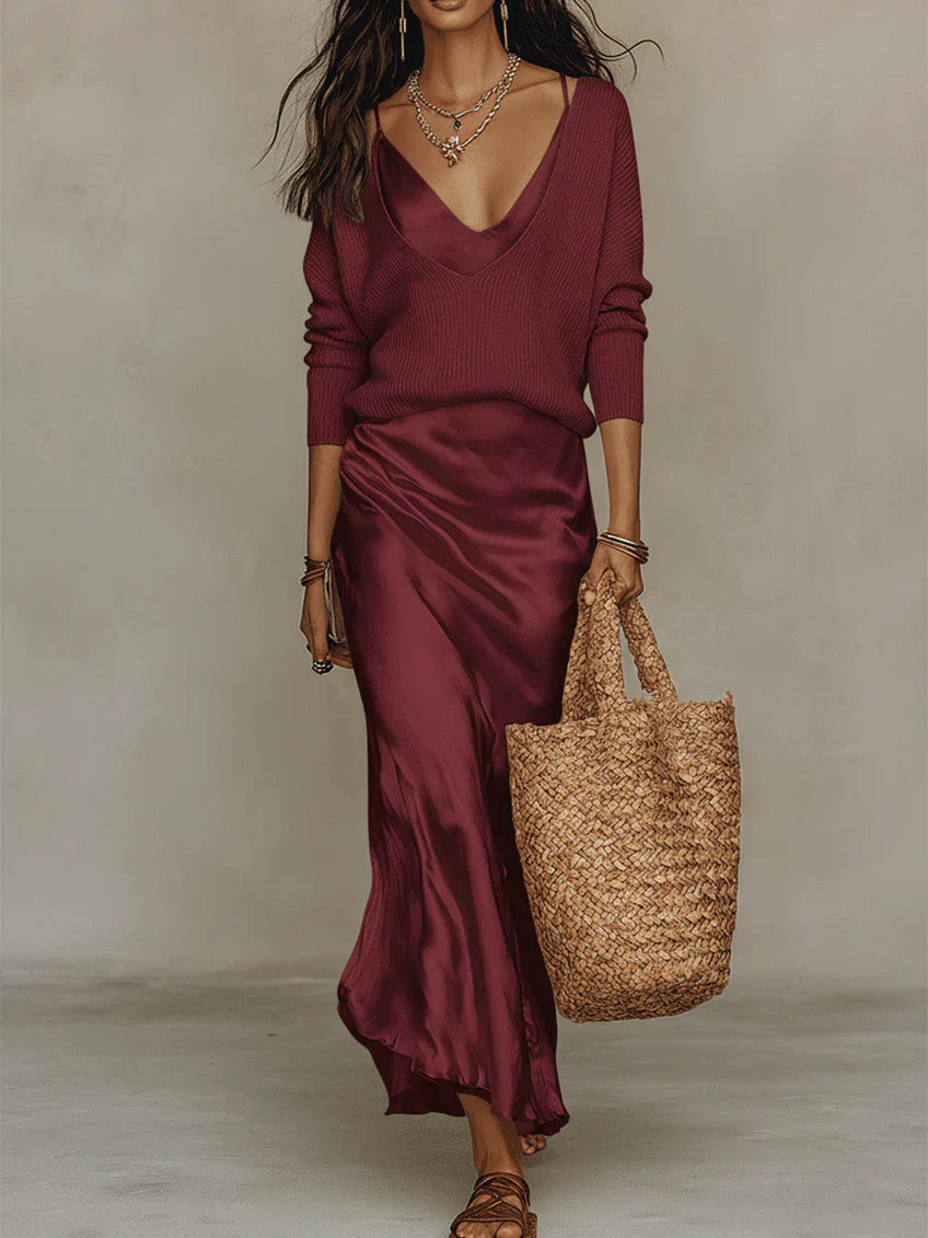 Ensemble robe midi satinée et pull assorti Elena, vue complète du modèle – Valloro Paris