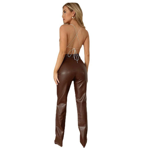 Pantalon en cuir PU stretch confortable Éva, vue de dos – Valloro Paris