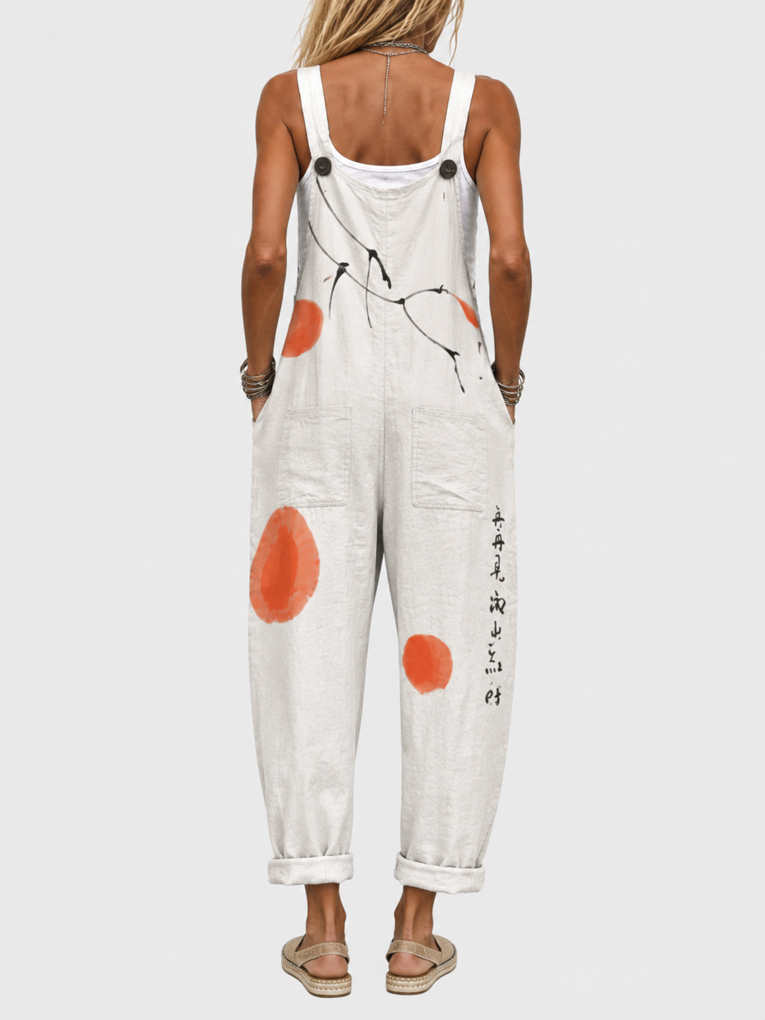 Salopette à imprimé artistique zen Amandine, détail du tissu – Valloro Paris