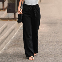 Pantalon large élégant effet lin Camilla, portée en situation – Valloro Paris