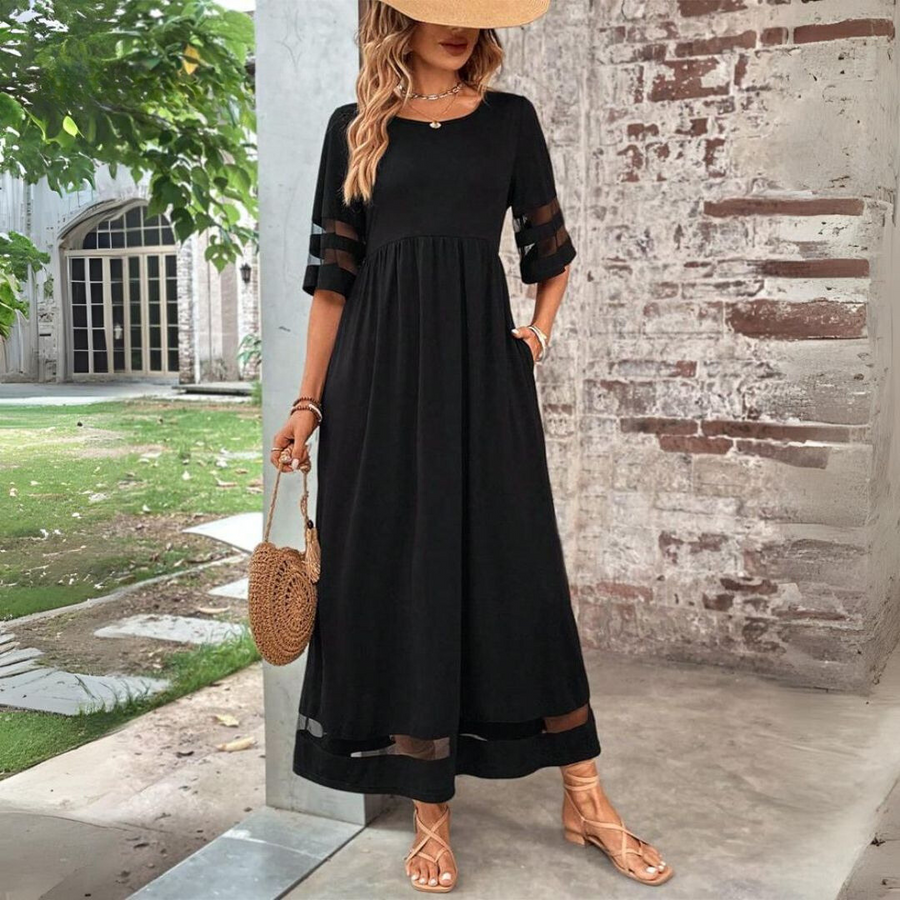 Robe midi gainante à effet ventre plat Aubrey, vue de face – Valloro Paris