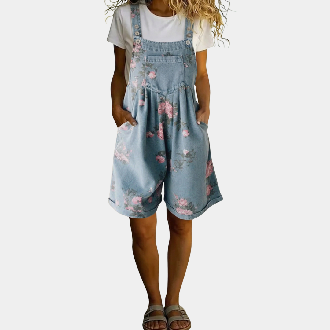 Judy | Combinaison en jean vintage délavé en coton doux à fleurs