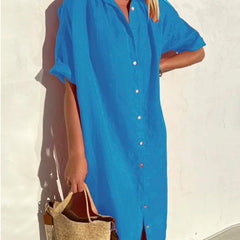 Robe chemise intemporelle en mélange de coton Aria, détail du tissu – Valloro Paris