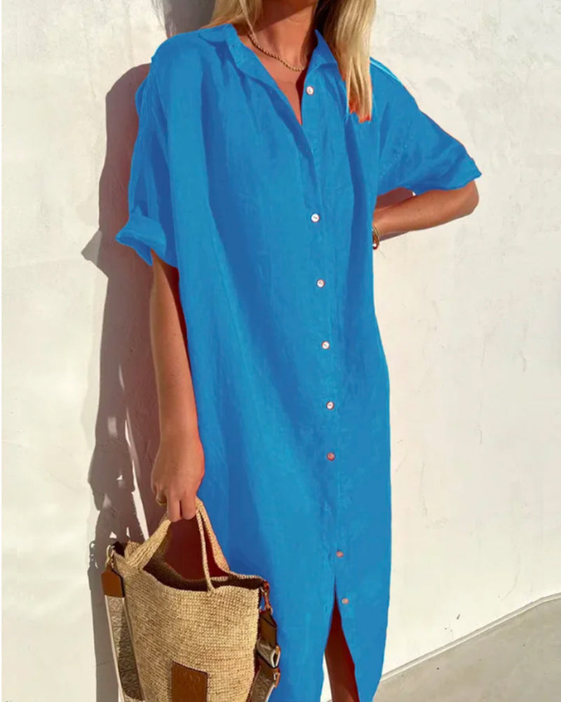 Robe chemise intemporelle en mélange de coton Aria, détail du tissu – Valloro Paris