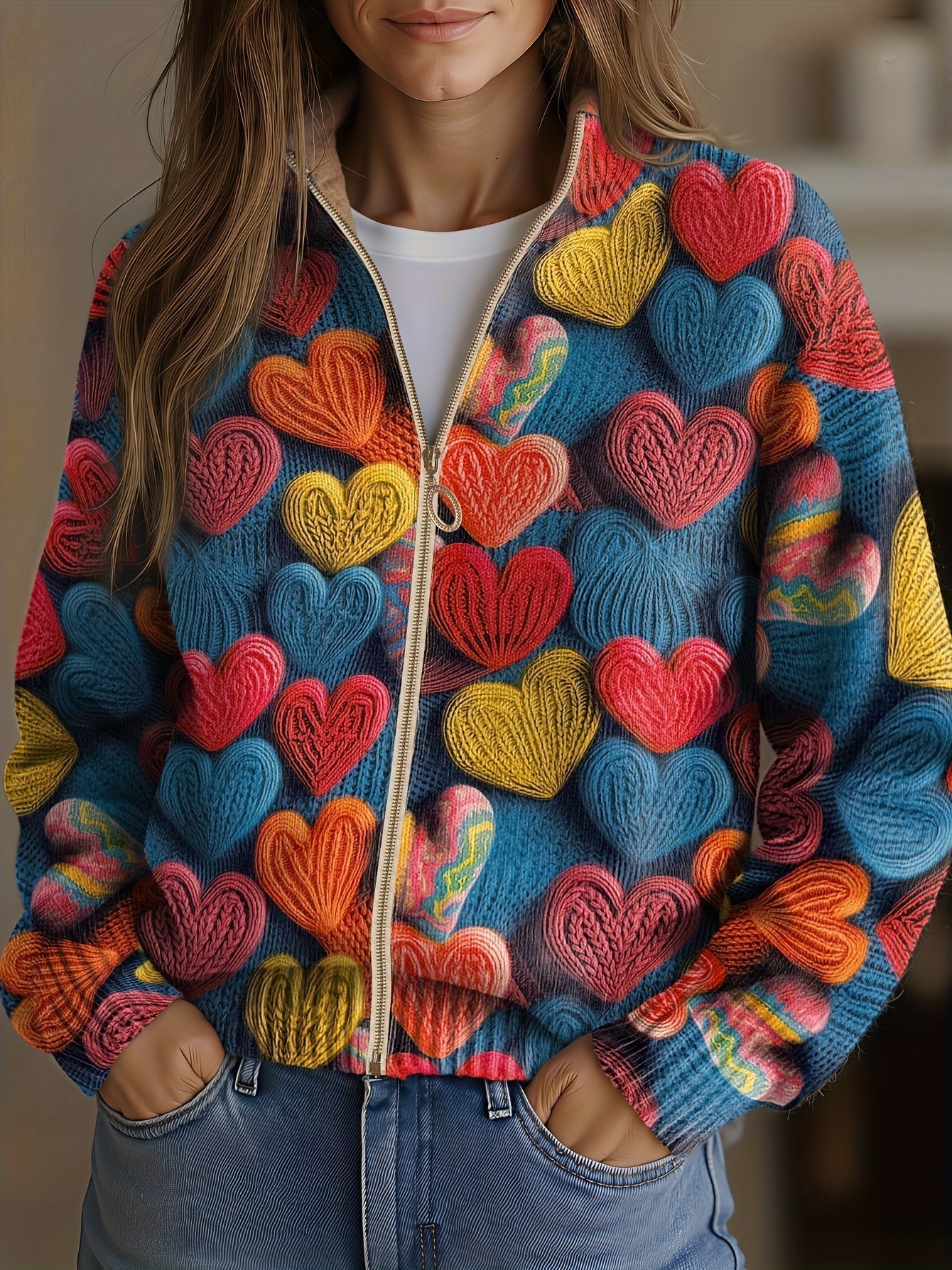 Valentine™ | Cardigan tricoté texturé à cœurs multicolores