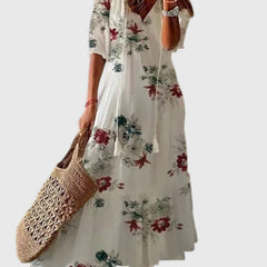 Robe maxi d'été vintage boho Amalia, détail du motif – Valloro Paris