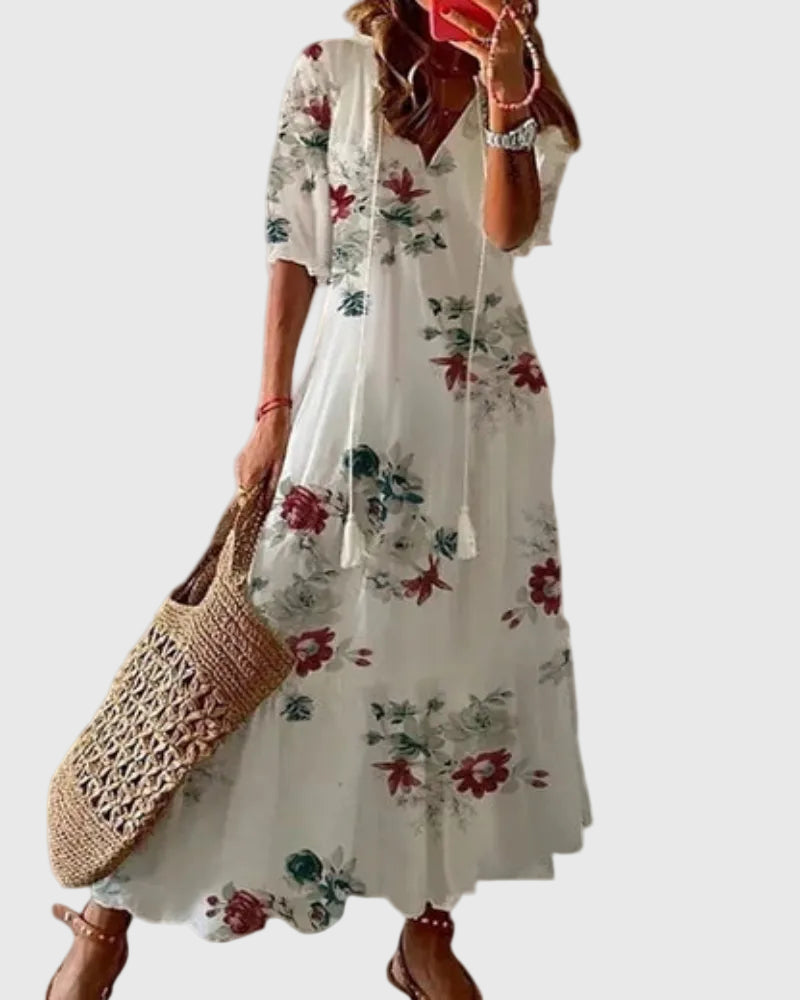 Robe maxi d'été vintage boho Amalia, détail du motif – Valloro Paris