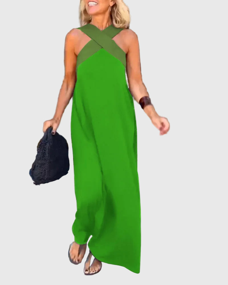 Robe maxi fluide et élégante Elena, vue rapprochée – Valloro Paris