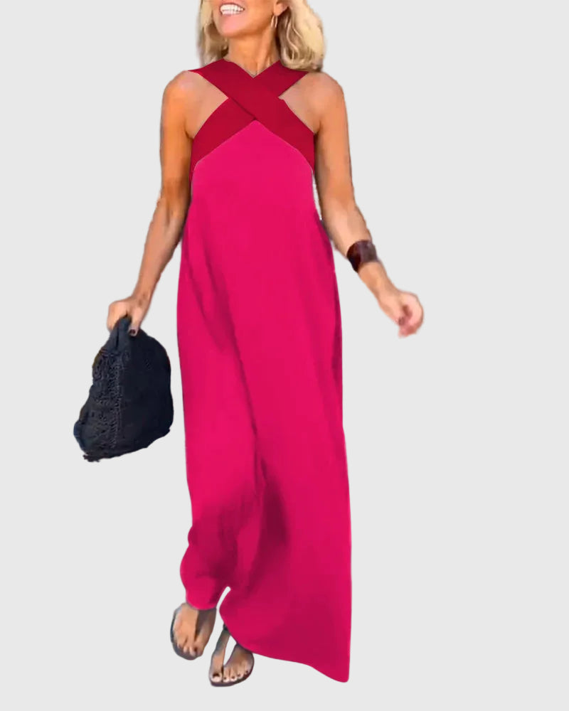Robe maxi fluide et élégante Elena, mise en situation estivale – Valloro Paris