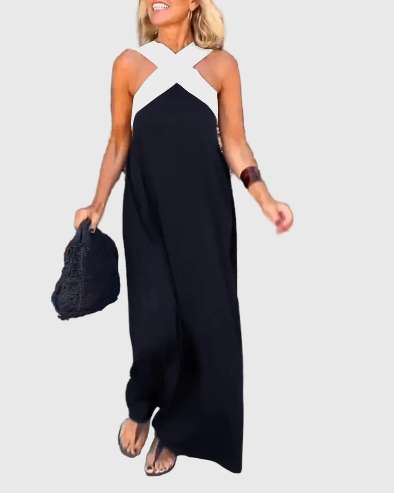 Robe maxi fluide et élégante Elena, vue de profil – Valloro Paris