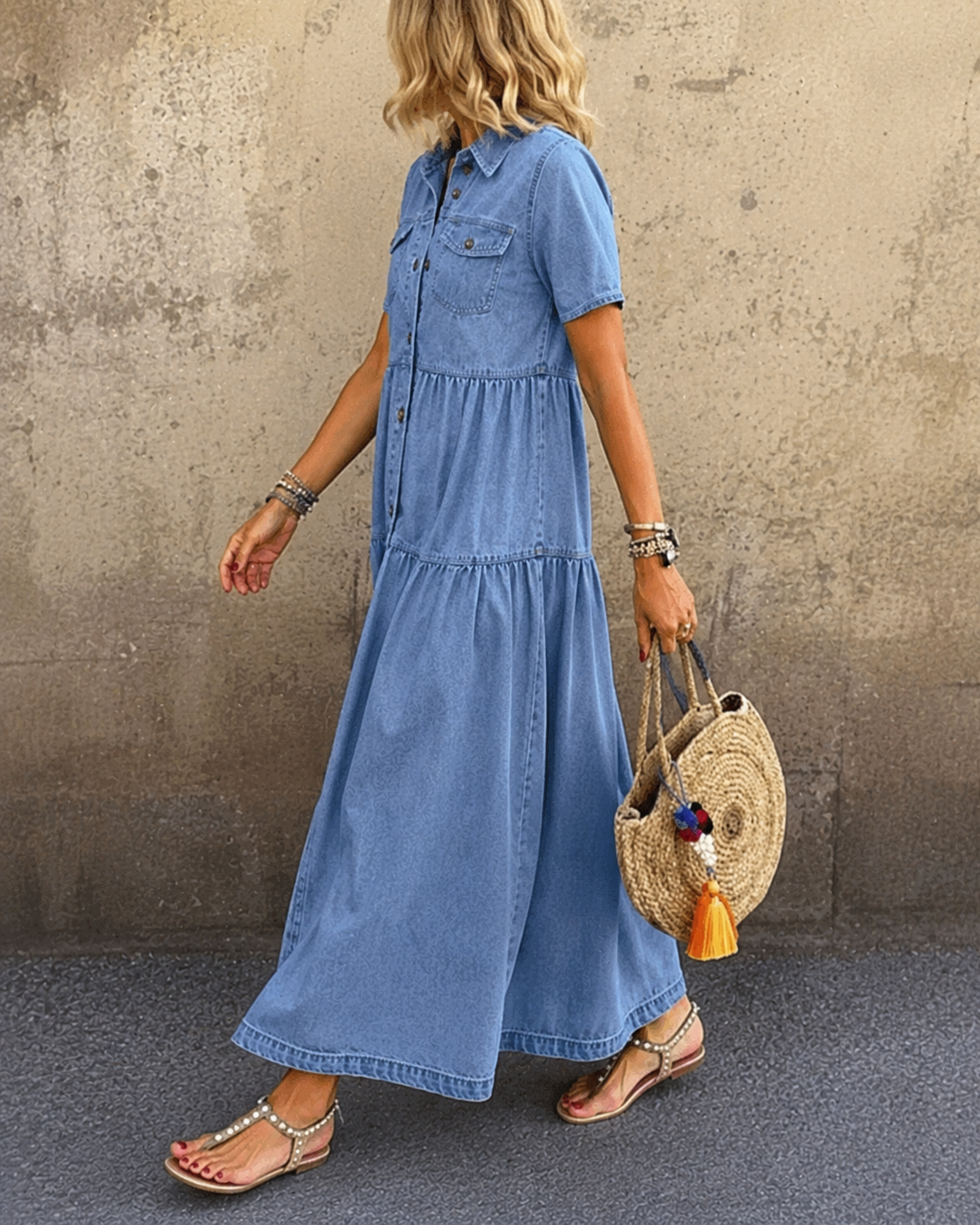 Grace™ | Robe midi en denim boutonnée qui dissimule le ventre