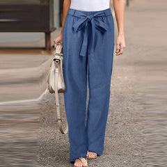 Pantalon large élégant effet lin Camilla, détail du tissu – Valloro Paris