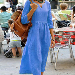 Robe tunique élégante effet lin Elena, détail du tissu – Valloro Paris