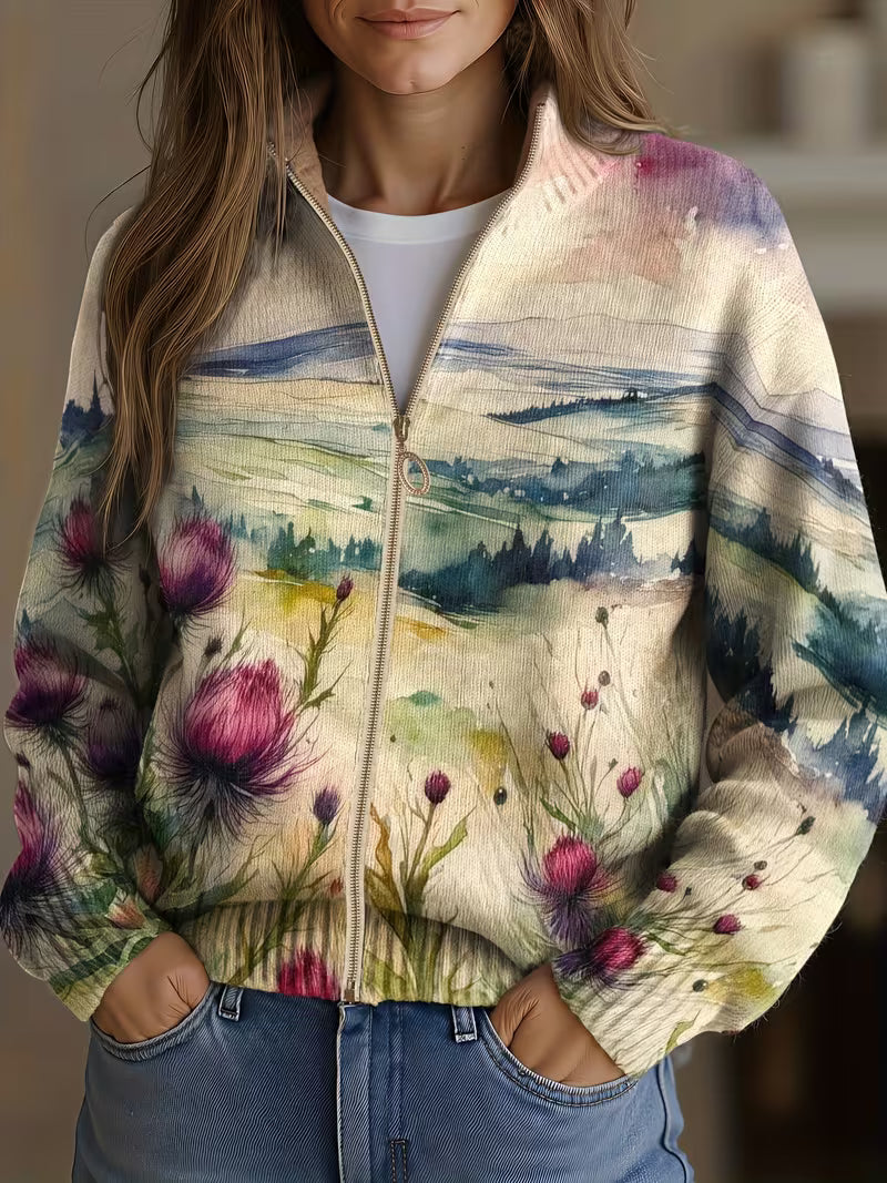 Zelda™ | Cardigan zippé paysage aux chardons écossais
