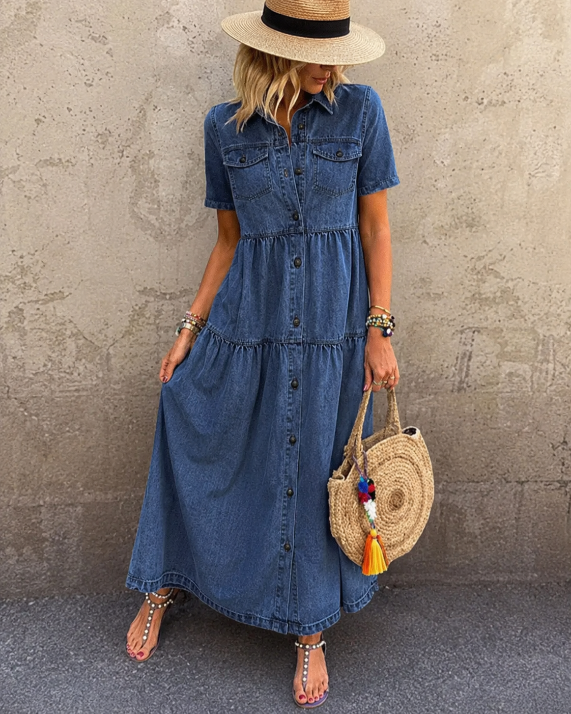 Grace™ | Robe midi en denim boutonnée qui dissimule le ventre