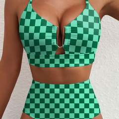 Bikini taille haute à carreaux Léa, vue de face – Valloro Paris