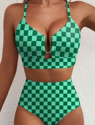 Bikini taille haute à carreaux Léa, vue de face – Valloro Paris