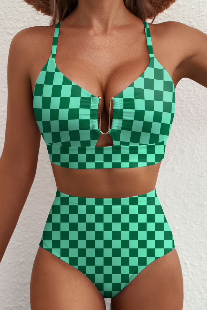 Bikini taille haute à carreaux Léa, vue de face – Valloro Paris