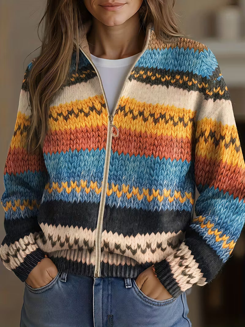 Yseult™ | Cardigan tricoté rayé multicolore en zigzag