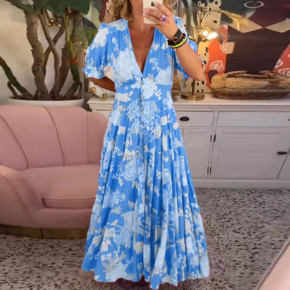 Robe florale vibrante Floriana, détail du motif – Valloro Paris