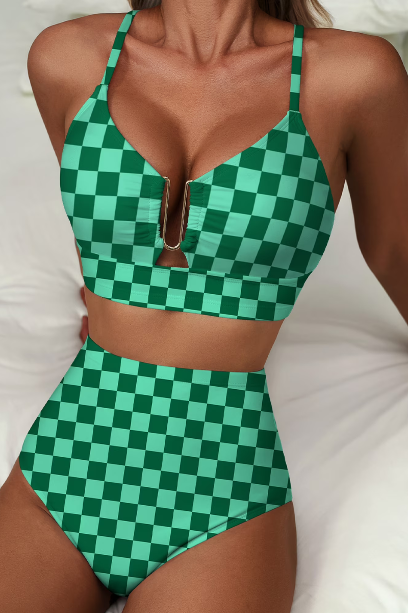 Bikini taille haute à carreaux Léa, vue de dos – Valloro Paris