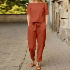 Ensemble élégant en coton effet lin Livia, vue rapprochée – Valloro Paris