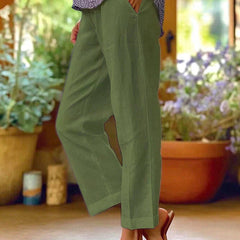 Pantalon d'été fluide effet lin Dolce, gros plan sur la coupe – Valloro Paris