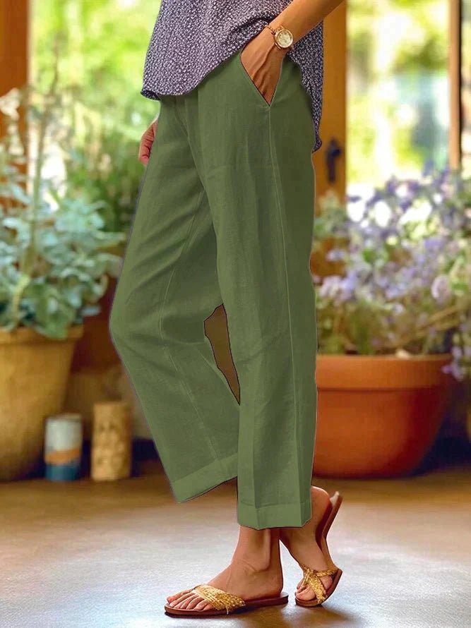 Pantalon d'été fluide effet lin Dolce, gros plan sur la coupe – Valloro Paris