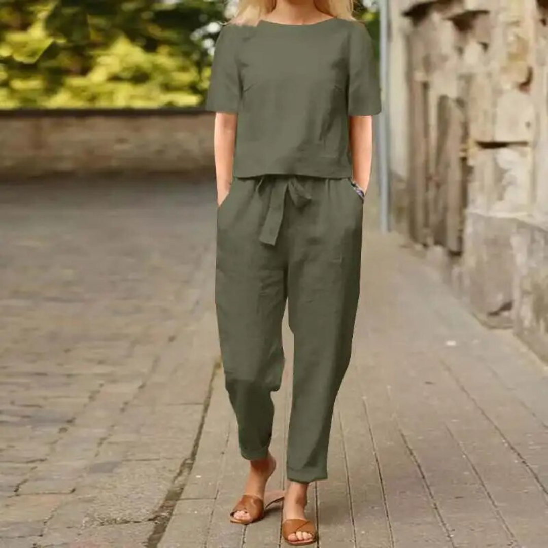Ensemble élégant en coton effet lin Livia, détail du motif – Valloro Paris