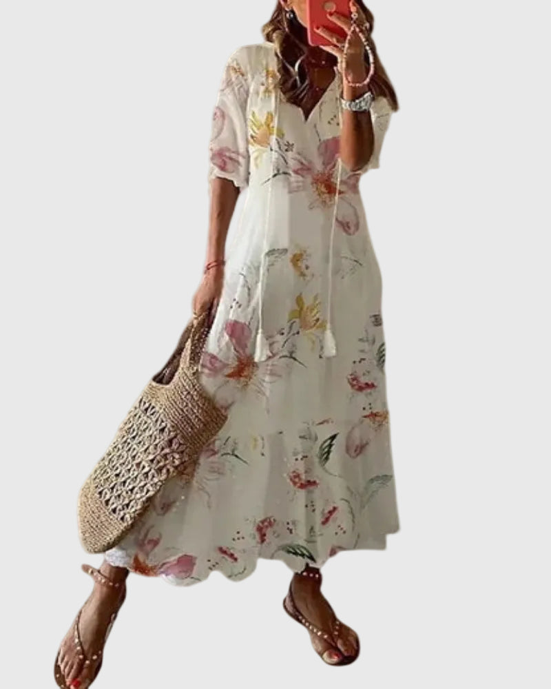 Robe maxi d'été vintage boho Amalia, vue complète du modèle – Valloro Paris