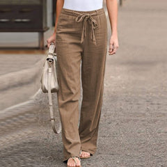 Pantalon large élégant effet lin Camilla, gros plan sur la coupe – Valloro Paris