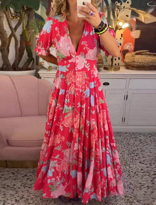 Robe florale vibrante Floriana, vue de face – Valloro Paris