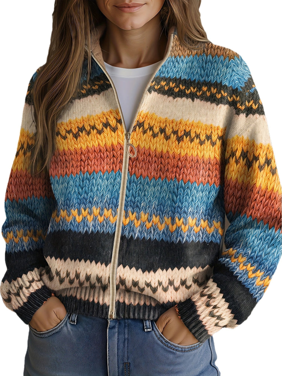 Yseult™ | Cardigan tricoté rayé multicolore en zigzag