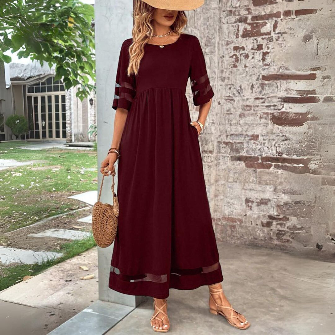 Robe midi gainante à effet ventre plat Aubrey, gros plan sur la coupe – Valloro Paris