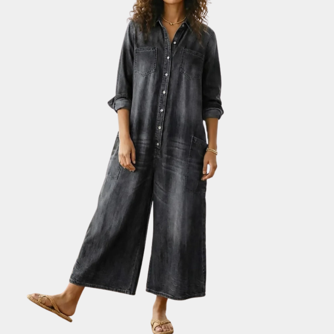 Diana | Combinaison en denim vintage délavé au toucher coton doux, boutonnée