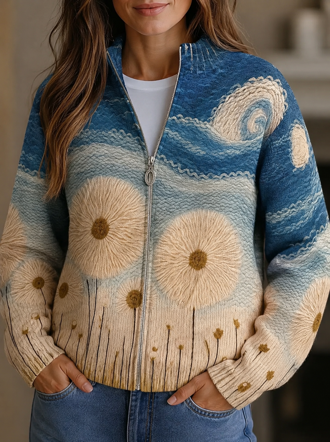 Yolanda™ | Cardigan zippé matelassé aux pissenlits