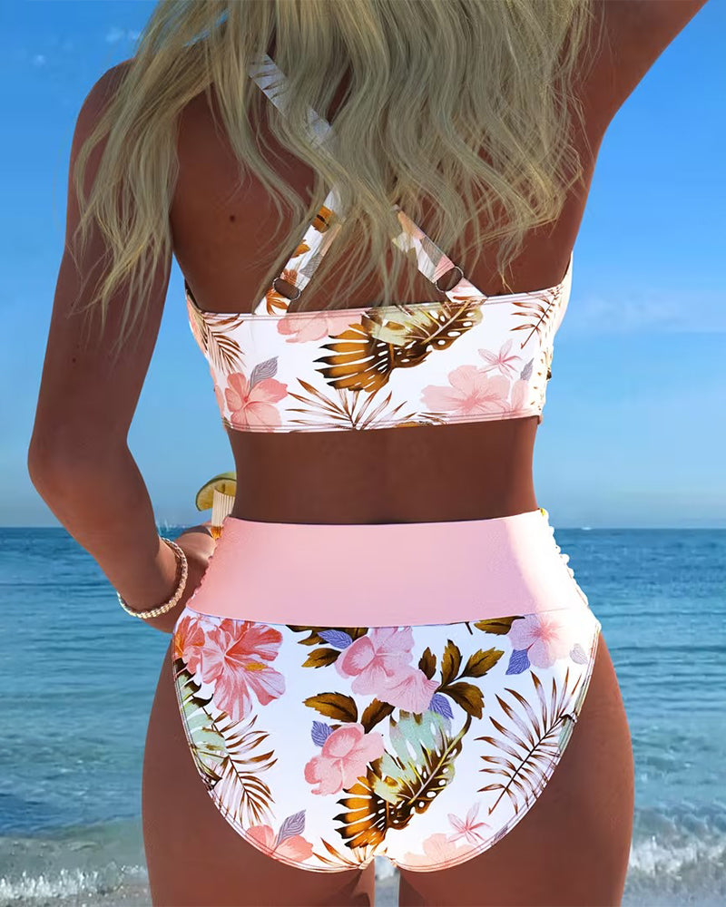 Bikini élégant à imprimé floral Léa, détail du tissu – Valloro Paris