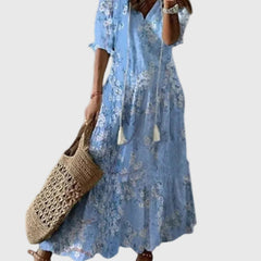 Robe maxi d'été vintage boho Amalia, gros plan sur la coupe – Valloro Paris