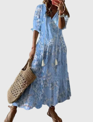 Robe maxi d'été vintage boho Amalia, gros plan sur la coupe – Valloro Paris