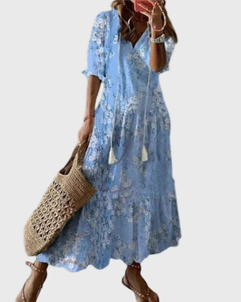 Robe maxi d'été vintage boho Amalia, gros plan sur la coupe – Valloro Paris