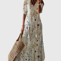 Robe maxi d'été vintage boho Amalia, vue de profil – Valloro Paris