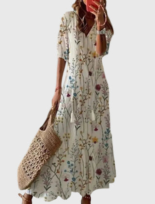 Robe maxi d'été vintage boho Amalia, vue de profil – Valloro Paris