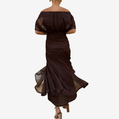 Robe élégante au tombé impeccable Christine, gros plan sur la coupe – Valloro Paris