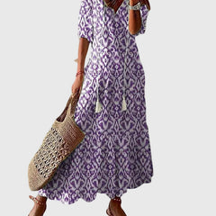 Robe maxi d'été vintage boho Amalia, portée en situation – Valloro Paris
