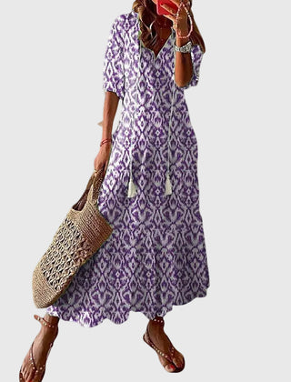 Robe maxi d'été vintage boho Amalia, portée en situation – Valloro Paris