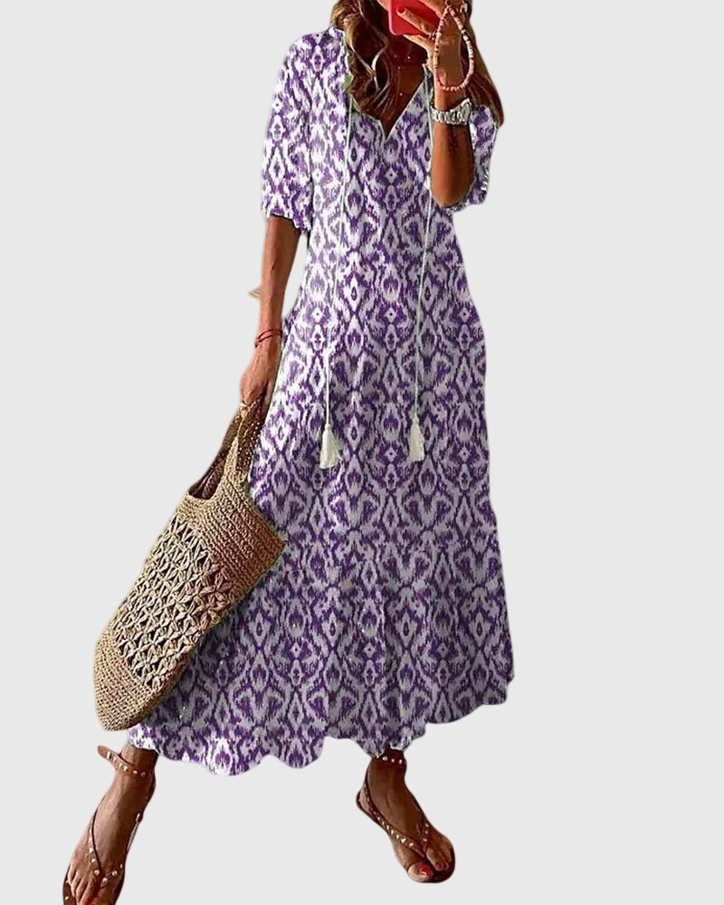 Robe maxi d'été vintage boho Amalia, portée en situation – Valloro Paris