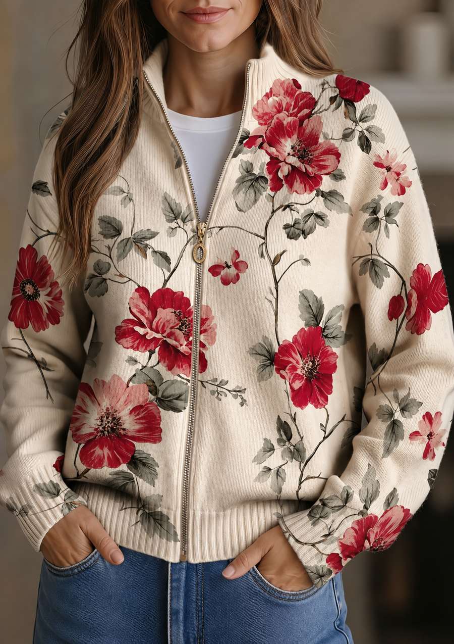 Wilhelmine™ | Cardigan zippé à imprimé roses vintage